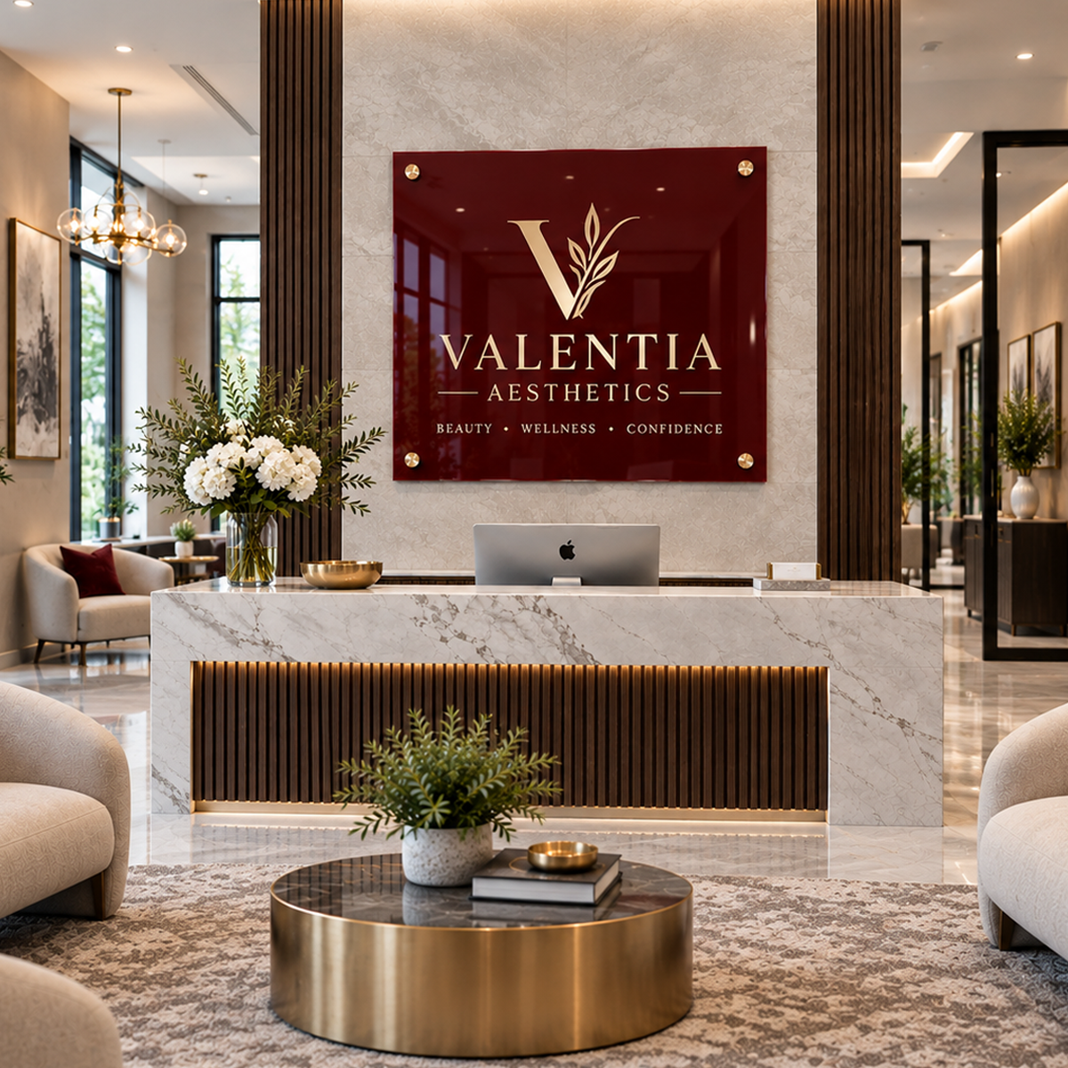 Custom semi-acrylic business logo sign mounted on a reception wall