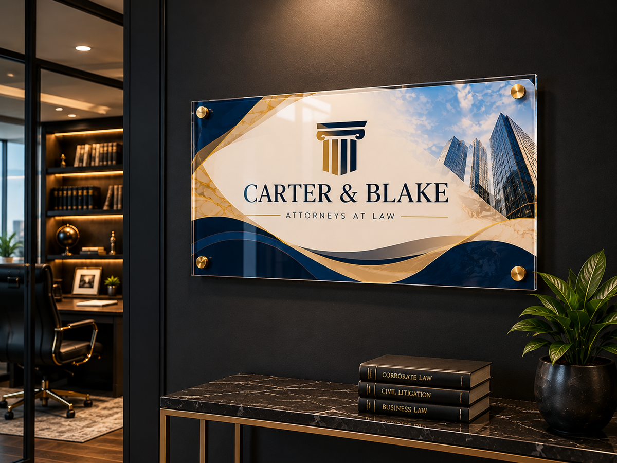 Business reception wall with a custom semi-acrylic logo sign