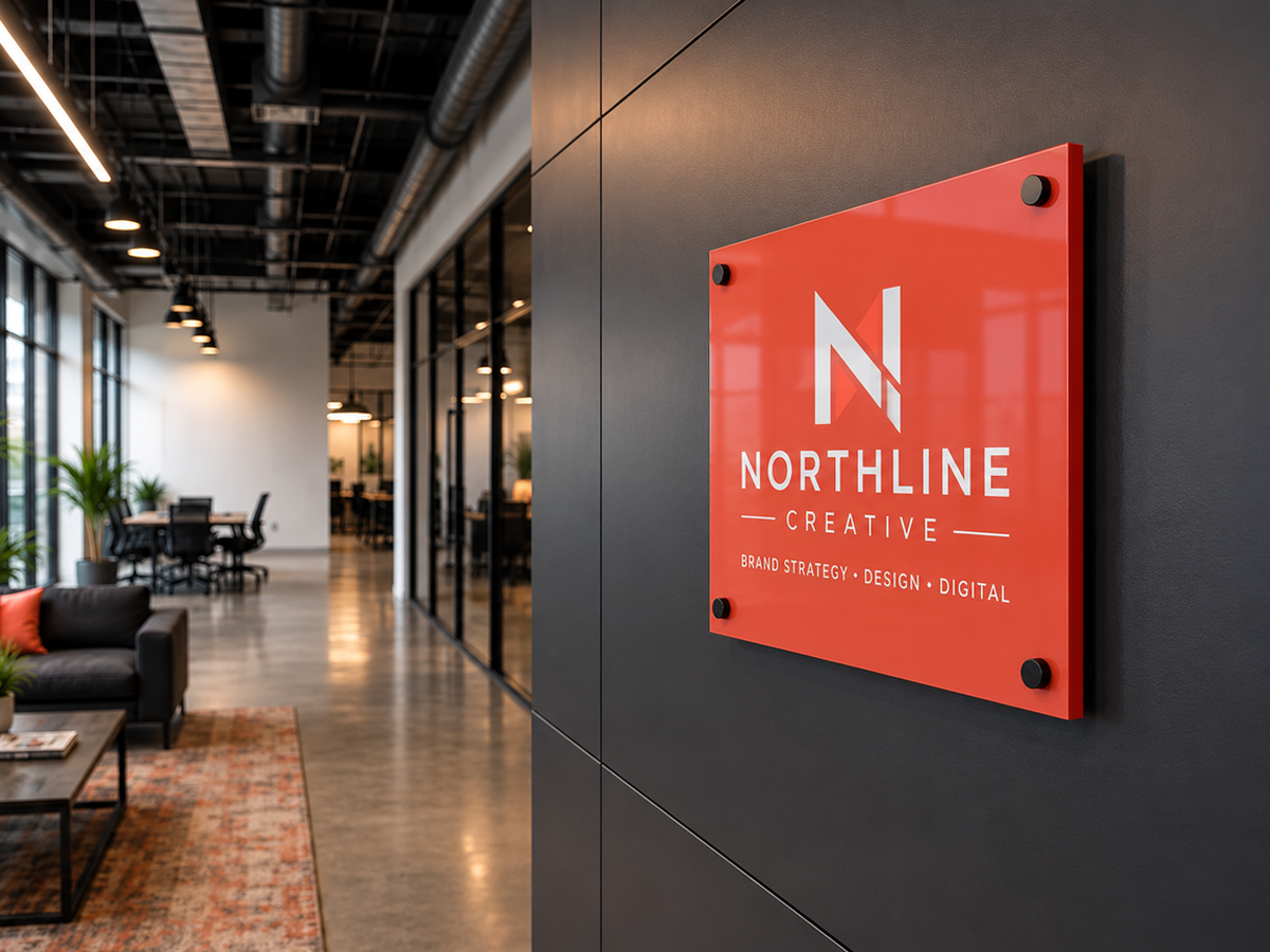 Custom acrylic logo sign in a professional reception space