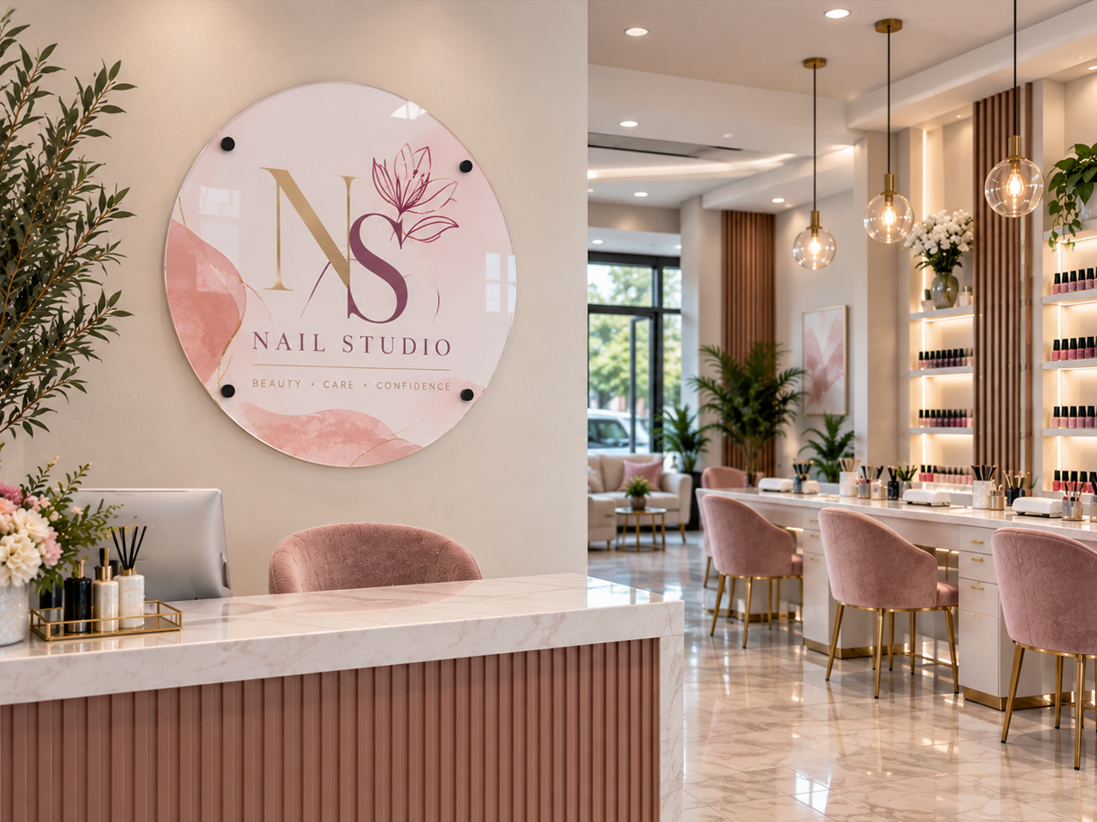 Modern reception desk logo sign
